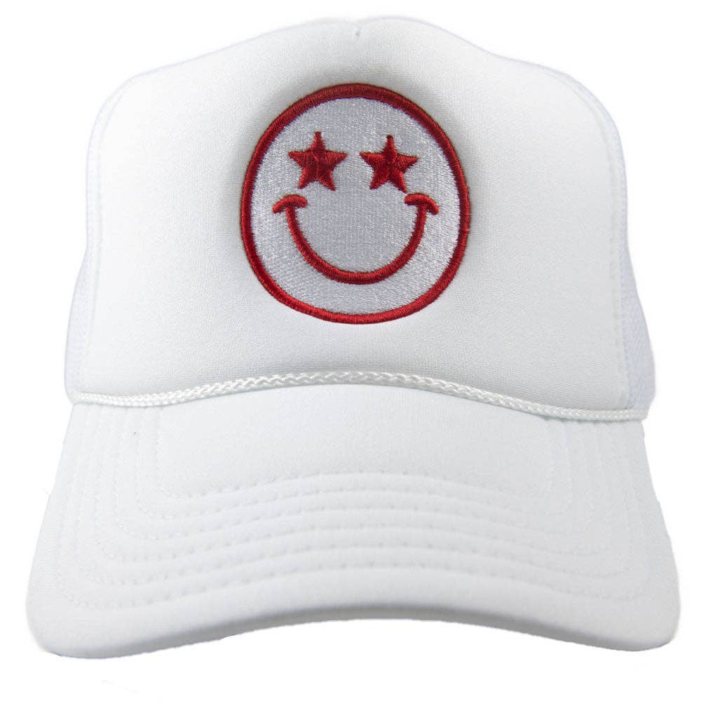 Star Eyed Happy Face Trucker Hat: White