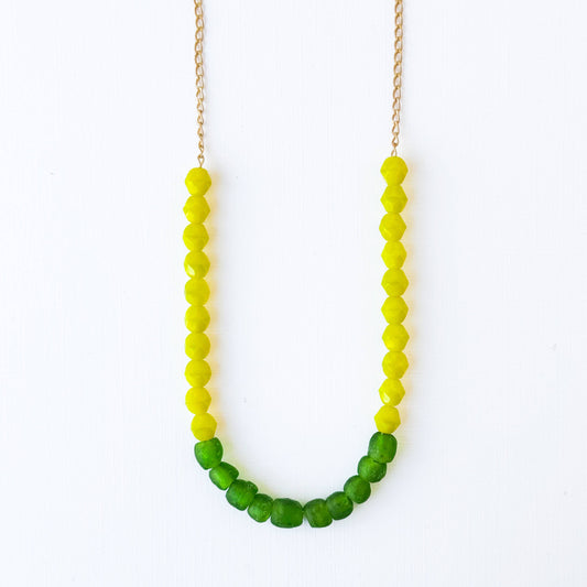 Recycled African Glass And Mixed Bead Necklace: Chartreuse