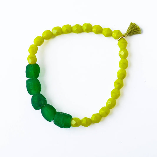 Recycled African Glass And Mixed Bead Bracelet: Chartreuse
