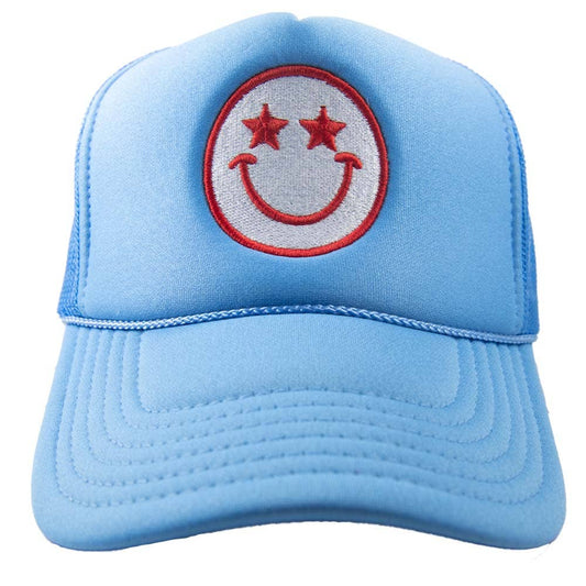 Star Eyed Happy Face Trucker Hat: Colbalt Blue