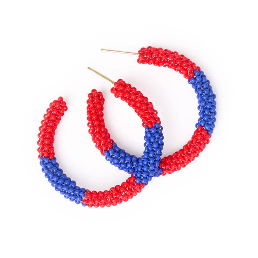 Beaded Color Block Hoop Earrings: Red + Blue