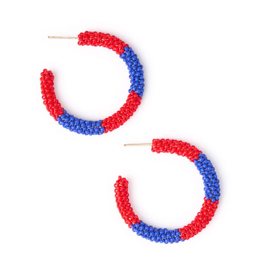 Beaded Color Block Hoop Earrings: Red + Blue